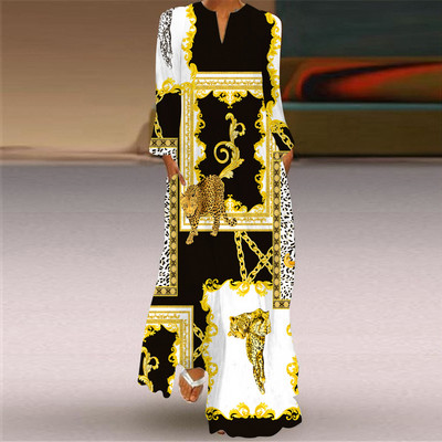 Vintage γυναικείο μακρύ φόρεμα μόδας 2023 Κομψό γυναικείο τύπωμα πεταλούδας V-λαιμόκοψη Μακρυμάνικο τσέπη Φαρδιά casual φορέματα S-5XL