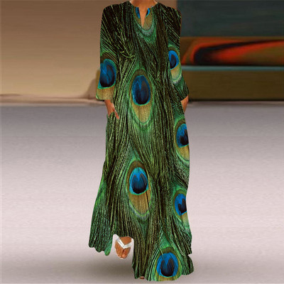 Vintage γυναικείο μακρύ φόρεμα μόδας 2023 Κομψό γυναικείο τύπωμα πεταλούδας V-λαιμόκοψη Μακρυμάνικο τσέπη Φαρδιά casual φορέματα S-5XL