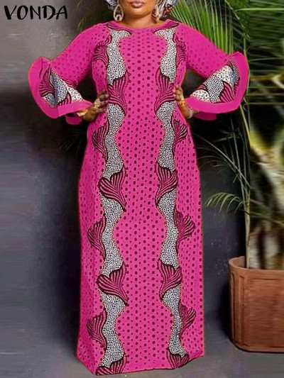 Ženska boemska maksi haljina 2023. VONDA Vintage dugi ogrtač s printom Femme Blagdanska ljetna ljetna haljina s rukavima Oversize Vestidos