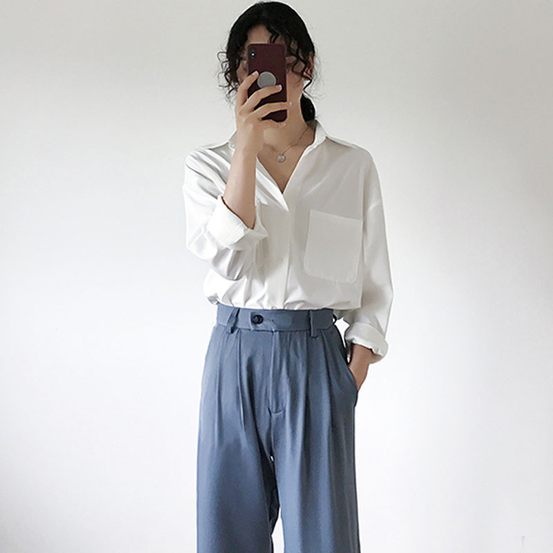Γυναικεία λευκά πουκάμισα στυλ OL Τσέπες με γιακά γυναικείες μπλούζες για μπλούζες Κομψά ρούχα εργασίας Γυναικεία μπλουζάκια Φθινοπωρινά Blusa Femme 11296