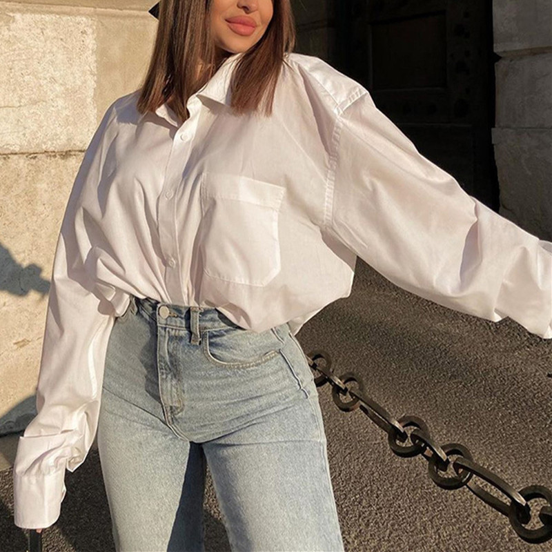 Γυναικεία Vintage Άνοιξη Φθινόπωρο μακριά φαρδιά μπλούζα γυναικεία πουκάμισο Κομψό λευκό κουμπί casual γραφείο Υπερμεγέθη πουκάμισο Γυναικεία μπλούζα Blusas