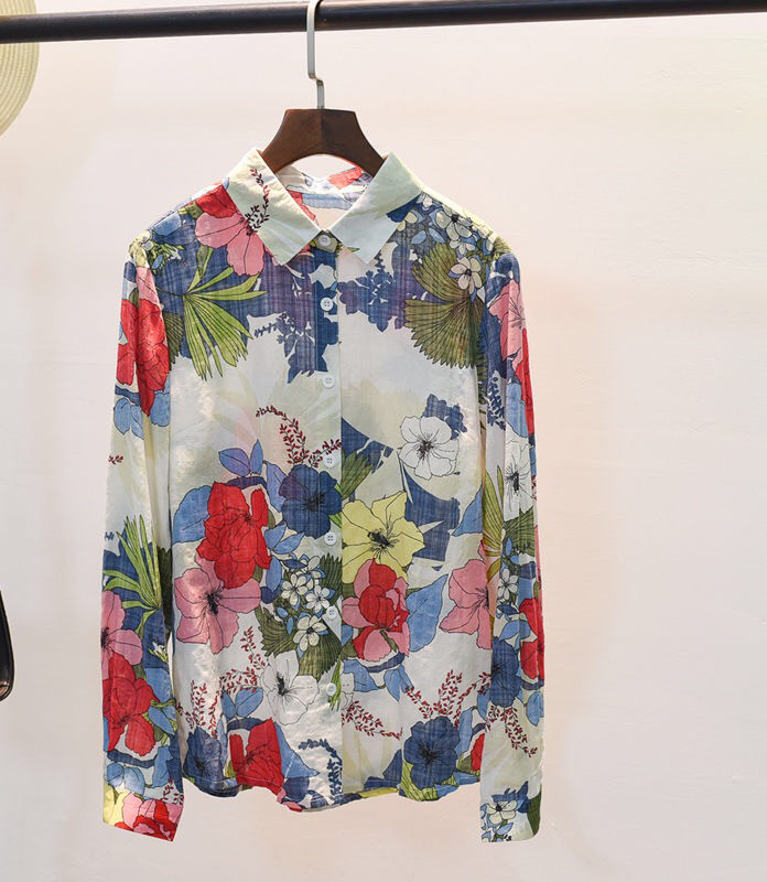 Κορεατική ανοιξιάτικη φθινοπωρινή γυναικεία μόδα με λουλουδάτο εμπριμέ μακρυμάνικο πουκάμισο μπλούζα από βαμβάκι, φθινοπωρινές casual γυναικείες μπλούζες