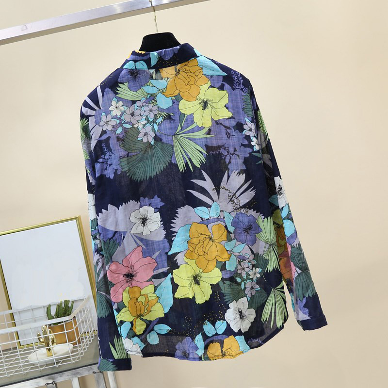 Κορεατική ανοιξιάτικη φθινοπωρινή γυναικεία μόδα με λουλουδάτο εμπριμέ μακρυμάνικο πουκάμισο μπλούζα από βαμβάκι, φθινοπωρινές casual γυναικείες μπλούζες