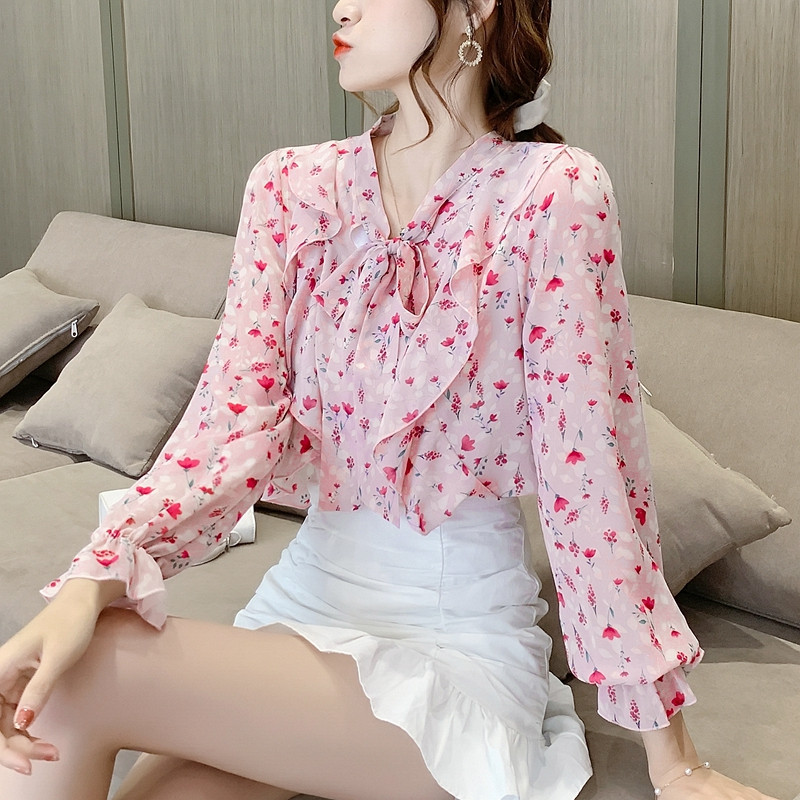 Φθινοπωρινό πουκάμισο σιφόν με κορδόνια ροζ μπλούζα γυναικείο γλυκό μακρυμάνικο λουλουδάτο πουκάμισο super fairy