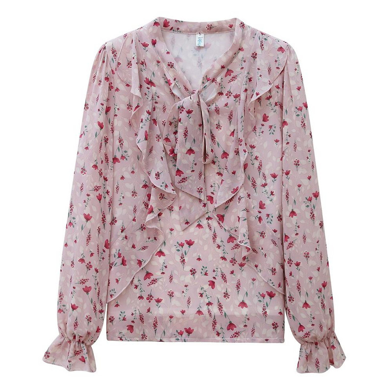 Φθινοπωρινό πουκάμισο σιφόν με κορδόνια ροζ μπλούζα γυναικείο γλυκό μακρυμάνικο λουλουδάτο πουκάμισο super fairy