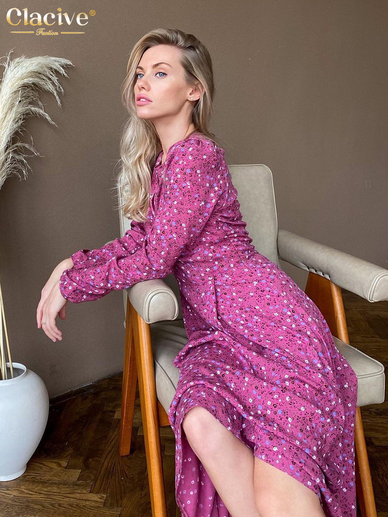 Clacive Casual Loose Print Γυναικείο Φόρεμα 2023 Μόδα με λαιμόκοψη μακρυμάνικο γραφείο Γυναικεία μίντι φορέματα Vintage κλασικό γυναικείο φόρεμα
