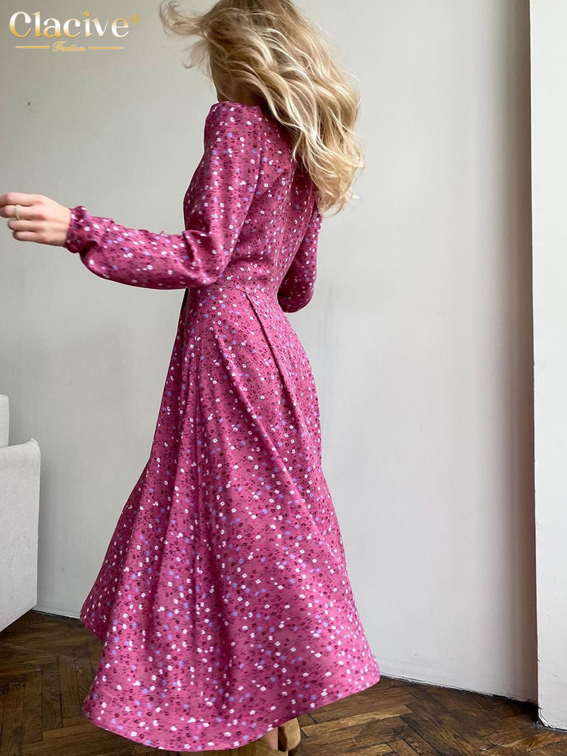 Clacive Casual Loose Print Γυναικείο Φόρεμα 2023 Μόδα με λαιμόκοψη μακρυμάνικο γραφείο Γυναικεία μίντι φορέματα Vintage κλασικό γυναικείο φόρεμα