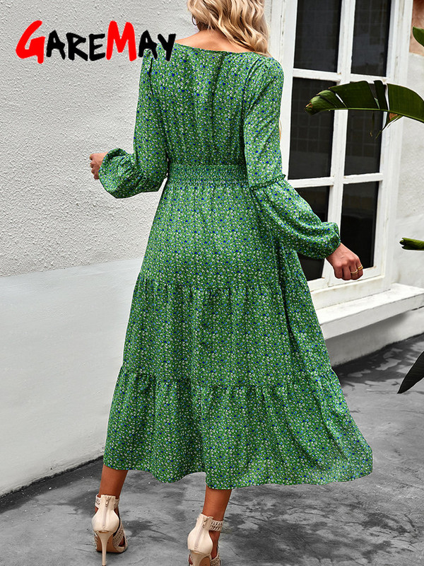 Proljetna zelena vintage haljina Ženske A-kroja Ženske haljine dugih rukava Midi široke ležerne elegantne haljine s O izrezom za žene 2023.