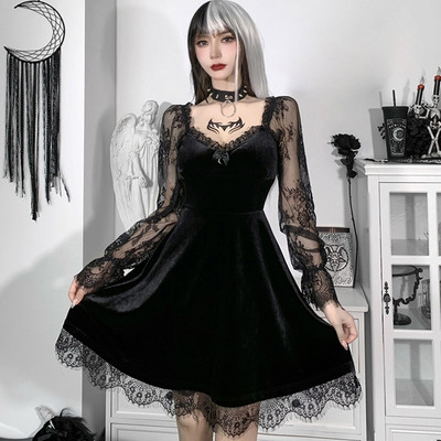 Gotic Lolita Girl Dantela Trim Catifea A-Line Rochie Femei Sexy Perspectivă mânecă lungă Decolteu V subțire Mini rochie Cosplay Party Costum