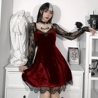 Gotic Lolita Girl Dantela Trim Catifea A-Line Rochie Femei Sexy Perspectivă mânecă lungă Decolteu V subțire Mini rochie Cosplay Party Costum
