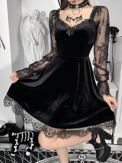 Gothic Lolita Girl Lace Trim Velvet A-Line Dress Women Sexy Perspective Long Sleeve V-образно деколте Slim Mini Dress Cosplay Party Costume