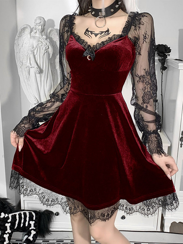 Gotic Lolita Girl Dantela Trim Catifea A-Line Rochie Femei Sexy Perspectivă mânecă lungă Decolteu V subțire Mini rochie Cosplay Party Costum