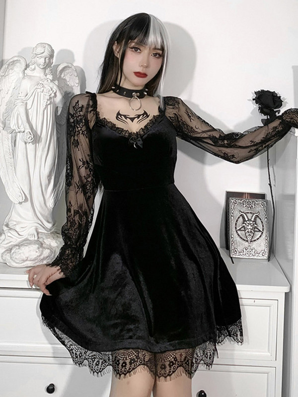 Gotic Lolita Girl Dantela Trim Catifea A-Line Rochie Femei Sexy Perspectivă mânecă lungă Decolteu V subțire Mini rochie Cosplay Party Costum