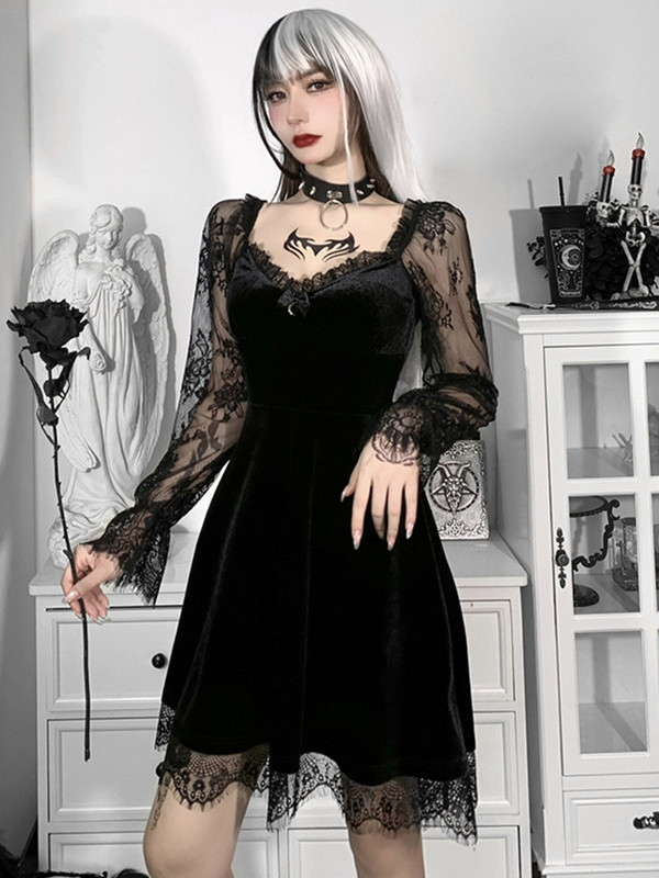 Gotic Lolita Girl Dantela Trim Catifea A-Line Rochie Femei Sexy Perspectivă mânecă lungă Decolteu V subțire Mini rochie Cosplay Party Costum