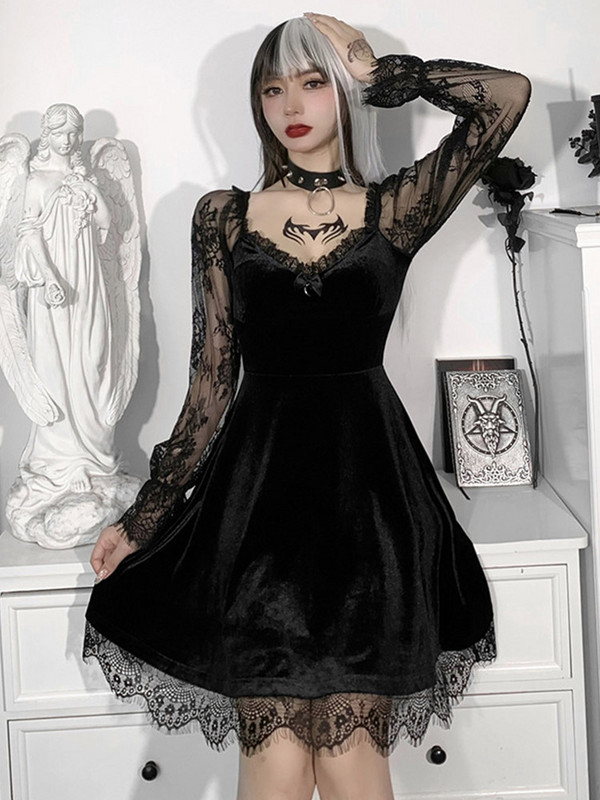 Gotic Lolita Girl Dantela Trim Catifea A-Line Rochie Femei Sexy Perspectivă mânecă lungă Decolteu V subțire Mini rochie Cosplay Party Costum