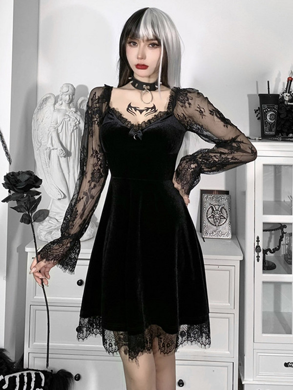 Gotic Lolita Girl Dantela Trim Catifea A-Line Rochie Femei Sexy Perspectivă mânecă lungă Decolteu V subțire Mini rochie Cosplay Party Costum