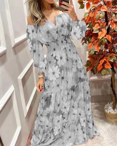 Rochii de damă 2022 de vară cu imprimeu vintage cu umăr dezactivat, ocazional, cu decolteu în V, cu mâneci lungi, talie, subțire, maxi rochie