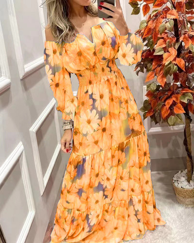 Rochii de damă 2022 de vară cu imprimeu vintage cu umăr dezactivat, ocazional, cu decolteu în V, cu mâneci lungi, talie, subțire, maxi rochie