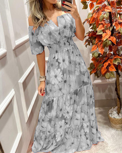 Rochii de damă 2022 de vară cu imprimeu vintage cu umăr dezactivat, ocazional, cu decolteu în V, cu mâneci lungi, talie, subțire, maxi rochie