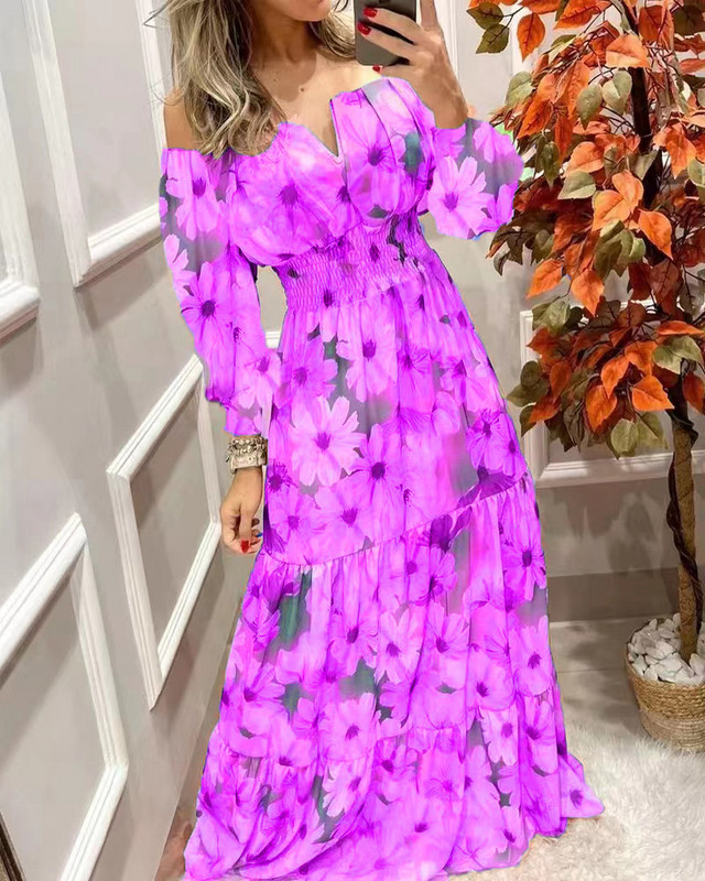 Rochii de damă 2022 de vară cu imprimeu vintage cu umăr dezactivat, ocazional, cu decolteu în V, cu mâneci lungi, talie, subțire, maxi rochie