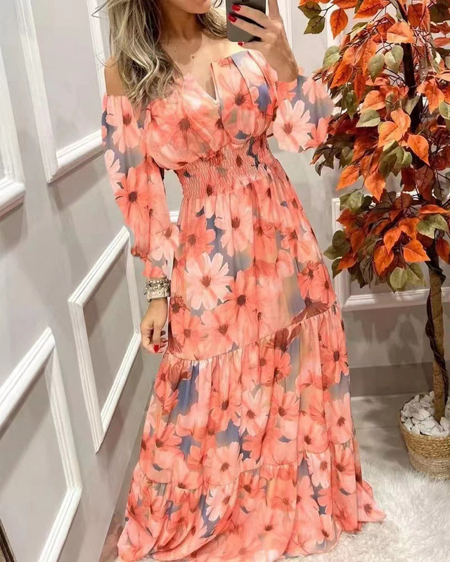 Rochii de damă 2022 de vară cu imprimeu vintage cu umăr dezactivat, ocazional, cu decolteu în V, cu mâneci lungi, talie, subțire, maxi rochie