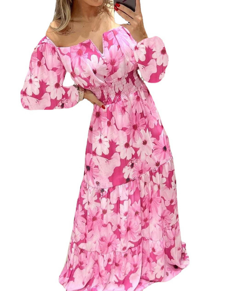 Rochii de damă 2022 de vară cu imprimeu vintage cu umăr dezactivat, ocazional, cu decolteu în V, cu mâneci lungi, talie, subțire, maxi rochie