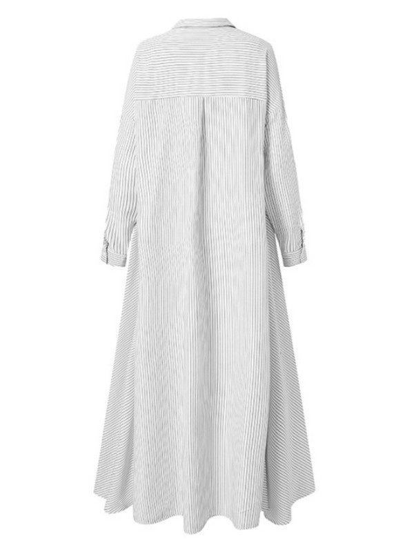 Haljine za žene 2022. Pamuk i lanene pruge s preklopom Jednoredno kopčanje dugih rukava s džepovima Ležerna duga široka haljina košulja za žene ogrtač