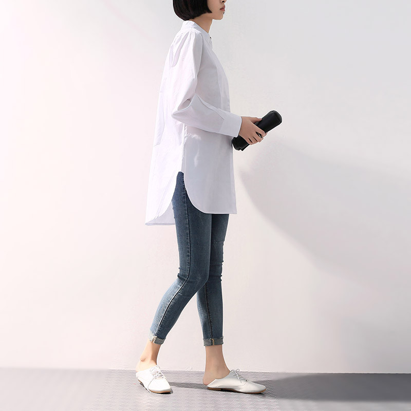 Ženska košulja sa samostojećim ovratnikom Bijele majice za proljeće Novo u zaobljenom rubu Patchwork dugih rukava sa samostojećim ovratnikom Velika bluza velikih veličina