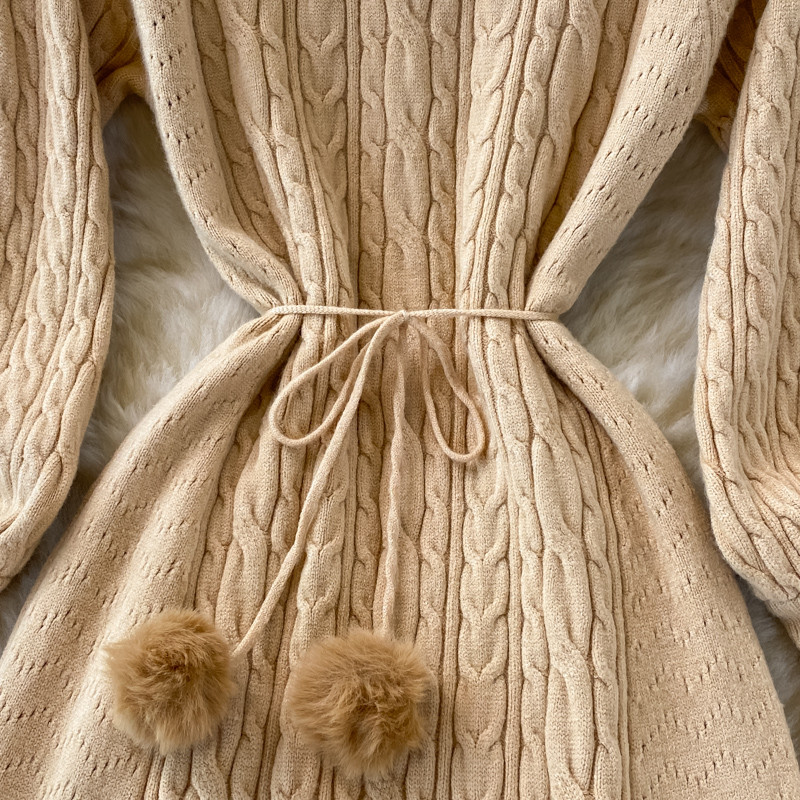 Jesenné a zimné nové retro voľné sveterové šaty po kolená pre ženy, dlhý rukáv, raglán, šnurovanie, jednofarebný pletený strih