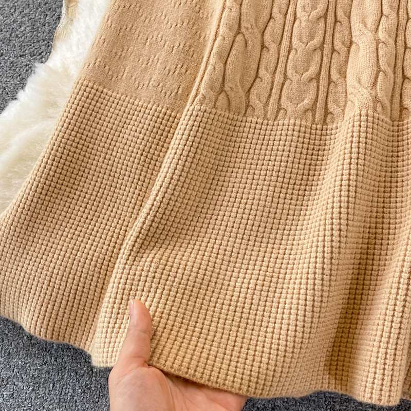 Jesenné a zimné nové retro voľné sveterové šaty po kolená pre ženy, dlhý rukáv, raglán, šnurovanie, jednofarebný pletený strih