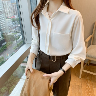 Κορεατική έκδοση Χαλαρή απλή μπλούζα με μακρυμάνικο πάτο νωρίς την άνοιξη Νέο μονόχρωμο πουκάμισο γυναικείο λευκό μπλουζάκι Blusas Mujer 13052