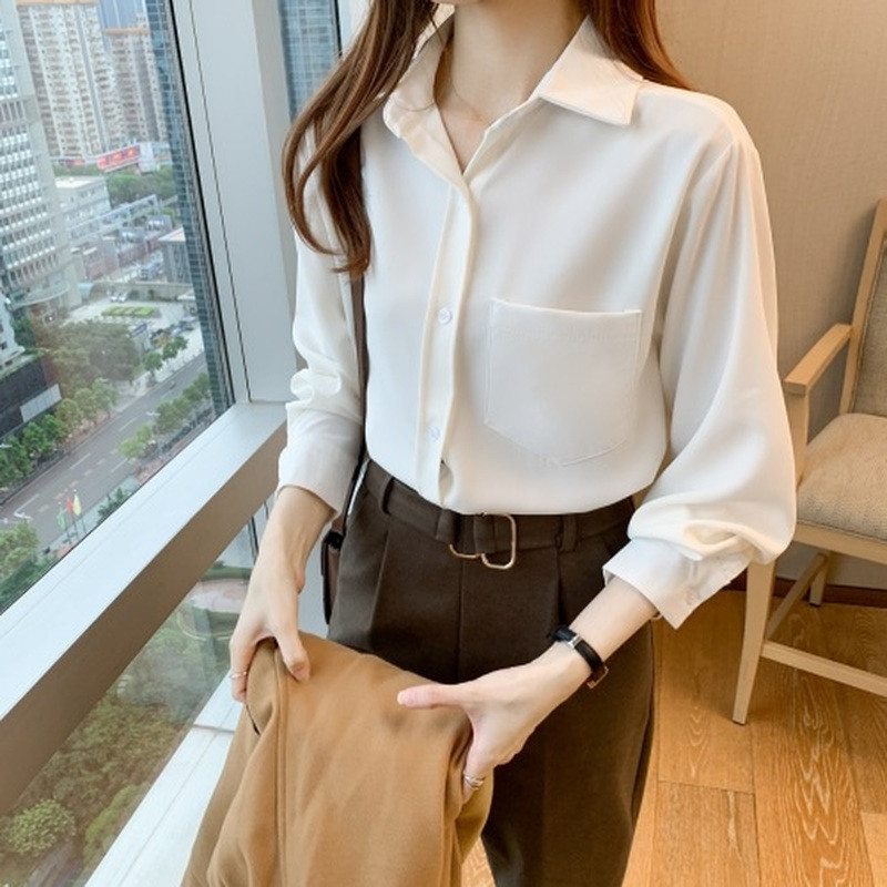 Κορεατική έκδοση Χαλαρή απλή μπλούζα με μακρυμάνικο πάτο νωρίς την άνοιξη Νέο μονόχρωμο πουκάμισο γυναικείο λευκό μπλουζάκι Blusas Mujer 13052