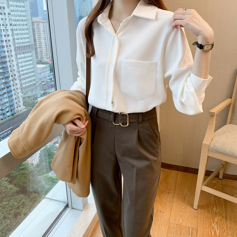 Κορεατική έκδοση Χαλαρή απλή μπλούζα με μακρυμάνικο πάτο νωρίς την άνοιξη Νέο μονόχρωμο πουκάμισο γυναικείο λευκό μπλουζάκι Blusas Mujer 13052