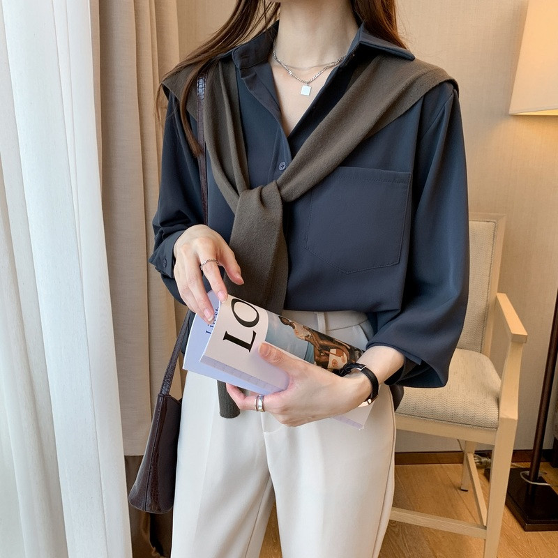 Κορεατική έκδοση Χαλαρή απλή μπλούζα με μακρυμάνικο πάτο νωρίς την άνοιξη Νέο μονόχρωμο πουκάμισο γυναικείο λευκό μπλουζάκι Blusas Mujer 13052