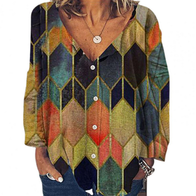 Geometrikus, hatszögletű női nyomtatott mély V nyakú gombokkal, hosszú ujjú blúz felső ing