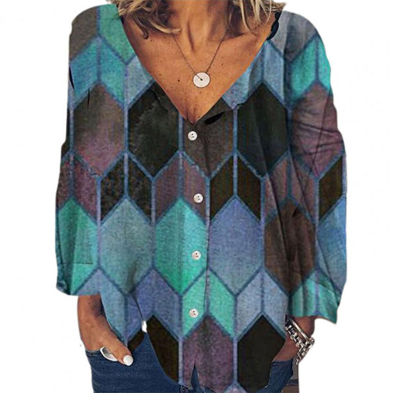 Geometrikus, hatszögletű női nyomtatott mély V nyakú gombokkal, hosszú ujjú blúz felső ing