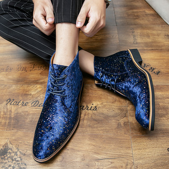 Нови мъжки кадифени лачени ботуши Chelsea, британски мъжки заострени високи обувки с дантела Марка черни сини обувки