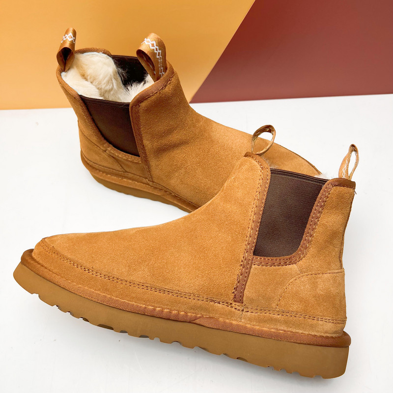Cizme de zăpadă chelsea dintr-o bucată din de oaie, lucrate manual, de lux, pentru cupluri de bărbați, pantofi din bumbac din piele naturală, călduroase