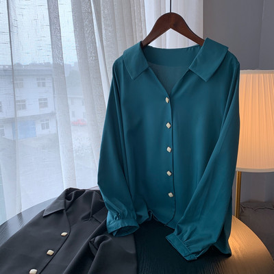 Ženska duga bluza Ženska zelena i crna košulja Uredske dame Elegantne košulje Ležerna bluza Moda Blusas Femininas