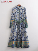 Vintage Placement Print Sashes Γυναικείο πουκάμισο Φόρεμα Φθινοπωρινό Γυναικείο μακρυμάνικο Midi Vestidos Streetwear LUJIA ALAN WD331