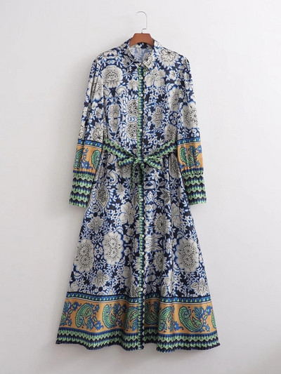 Vintage Placement Print Sashes Γυναικείο πουκάμισο Φόρεμα Φθινοπωρινό Γυναικείο μακρυμάνικο Midi Vestidos Streetwear LUJIA ALAN WD331