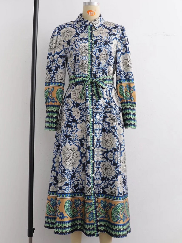 Vintage Placement Print Sashes Γυναικείο πουκάμισο Φόρεμα Φθινοπωρινό Γυναικείο μακρυμάνικο Midi Vestidos Streetwear LUJIA ALAN WD331