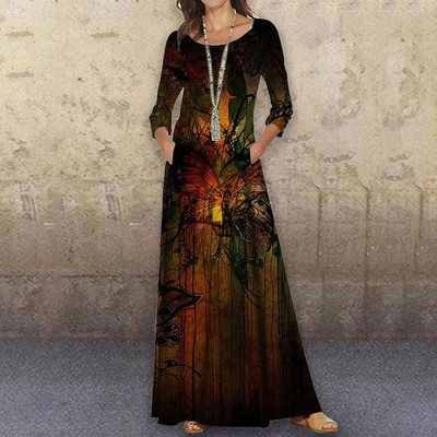 Ανοιξιάτικες πανέμορφες γυναίκες Νέα μόδα κομψό μάξι φόρεμα με στάμπα ρετρό φαρδύ ιδιοσυγκρασία με λαιμόκοψη Κομψό φθινοπωρινό κομψό μακρυμάνικο