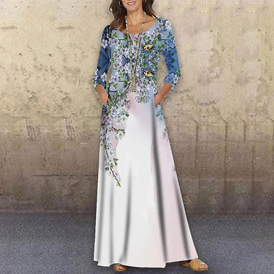 Ανοιξιάτικες πανέμορφες γυναίκες Νέα μόδα κομψό μάξι φόρεμα με στάμπα ρετρό φαρδύ ιδιοσυγκρασία με λαιμόκοψη Κομψό φθινοπωρινό κομψό μακρυμάνικο