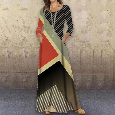 Ανοιξιάτικες πανέμορφες γυναίκες Νέα μόδα κομψό μάξι φόρεμα με στάμπα ρετρό φαρδύ ιδιοσυγκρασία με λαιμόκοψη Κομψό φθινοπωρινό κομψό μακρυμάνικο