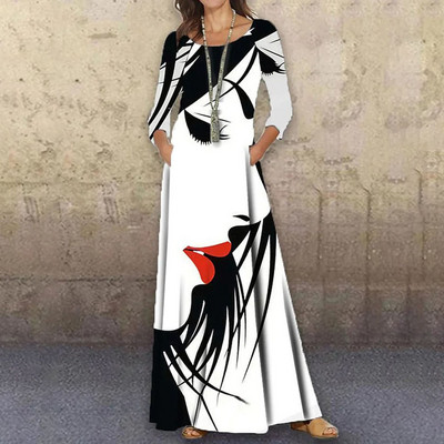 Ανοιξιάτικες πανέμορφες γυναίκες Νέα μόδα κομψό μάξι φόρεμα με στάμπα ρετρό φαρδύ ιδιοσυγκρασία με λαιμόκοψη Κομψό φθινοπωρινό κομψό μακρυμάνικο