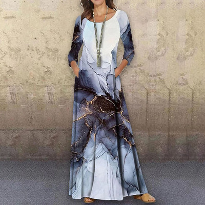 Ανοιξιάτικες πανέμορφες γυναίκες Νέα μόδα κομψό μάξι φόρεμα με στάμπα ρετρό φαρδύ ιδιοσυγκρασία με λαιμόκοψη Κομψό φθινοπωρινό κομψό μακρυμάνικο