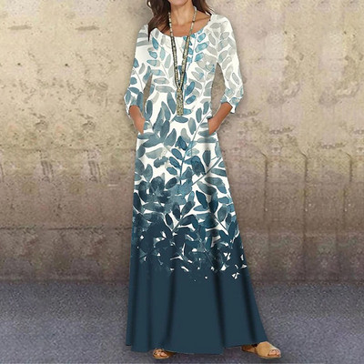 Ανοιξιάτικες πανέμορφες γυναίκες Νέα μόδα κομψό μάξι φόρεμα με στάμπα ρετρό φαρδύ ιδιοσυγκρασία με λαιμόκοψη Κομψό φθινοπωρινό κομψό μακρυμάνικο