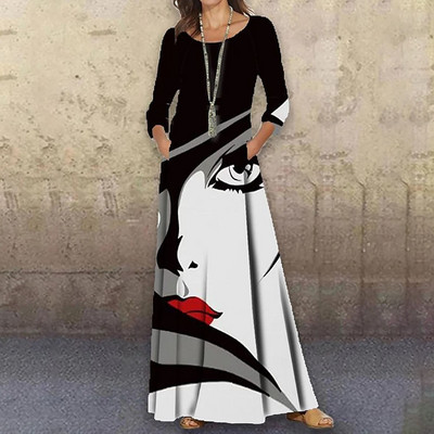 Ανοιξιάτικες πανέμορφες γυναίκες Νέα μόδα κομψό μάξι φόρεμα με στάμπα ρετρό φαρδύ ιδιοσυγκρασία με λαιμόκοψη Κομψό φθινοπωρινό κομψό μακρυμάνικο