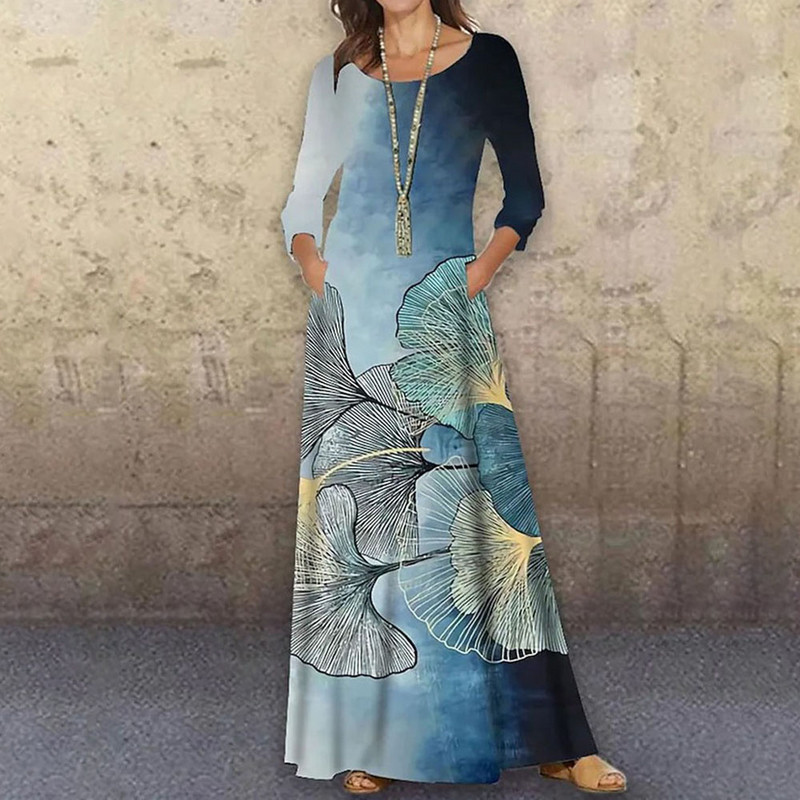 Ανοιξιάτικες πανέμορφες γυναίκες Νέα μόδα κομψό μάξι φόρεμα με στάμπα ρετρό φαρδύ ιδιοσυγκρασία με λαιμόκοψη Κομψό φθινοπωρινό κομψό μακρυμάνικο